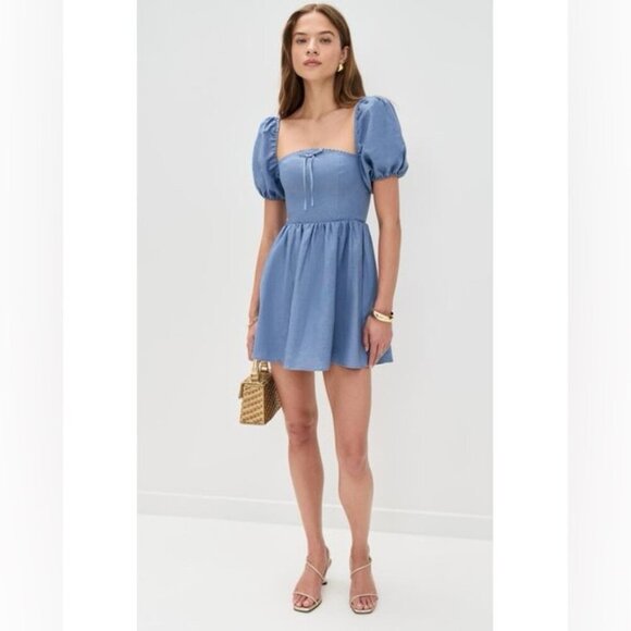 NEW NWT Reformation Malvina Linen Puff Sleeve Viola Mini Dress Blue Size 10 - Picture 2 of 9